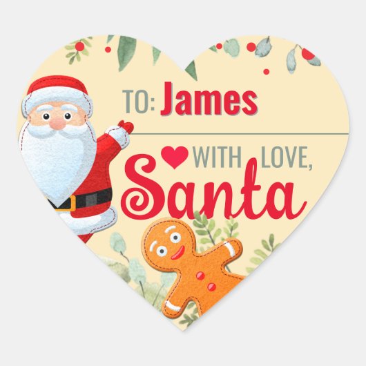 "Love, Santa" Gingerbread Custom Christmas Beige Hart Sticker (Voorkant)