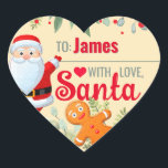 "Love, Santa" Gingerbread Custom Christmas Beige Hart Sticker<br><div class="desc">Een gepersonaliseerde en leuke "Met liefde,  kerstman" sticker om aan je kerstcadeaus te bevestigen! Verander de naam voor een aangepast kerstcadeau van de Kerstman! Kenmerken Santa en een peperkoek man met kerstgroen op een beige / lichtgele achtergrond.</div>