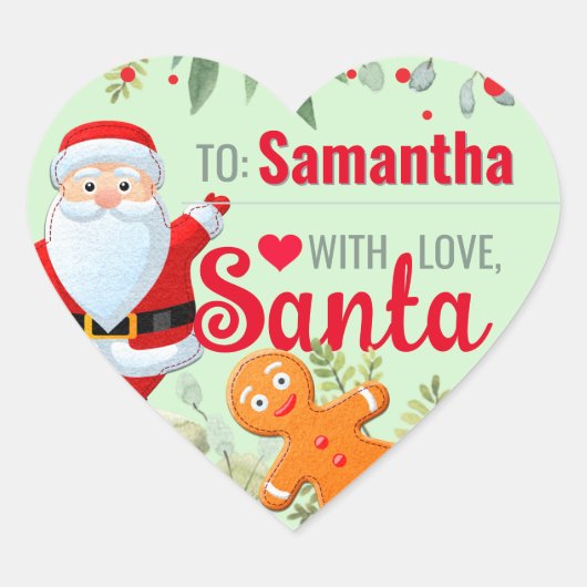 "Love, Santa" Gingerbread Custom Green Christmas Hart Sticker (Voorkant)