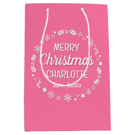 Love Santa Merry Christmas Custom Name Pink Medium Cadeauzakje (Voorkant)