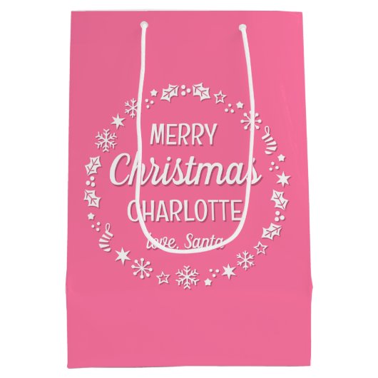 Love Santa Merry Christmas Custom Name Pink Medium Cadeauzakje (Achterkant)