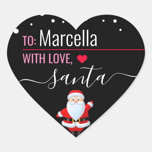 "Love, Santa" Roze & Black Custom Kerstcadeau Hart Sticker (Voorkant)
