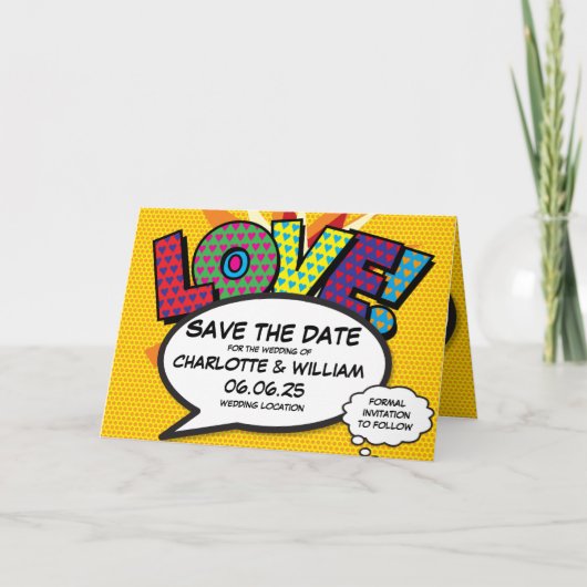 LOVE Save the Date Leuk Retro Strip Pop Art Aankondiging (Voorkant)