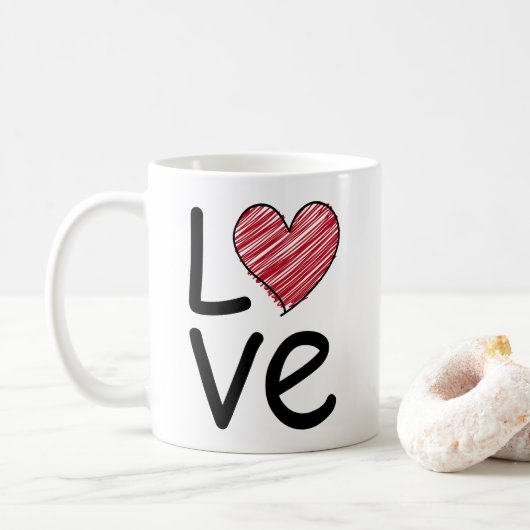 Love Scribbled Hand Drawn Red Heart Minimalist Koffiemok (Met donut)