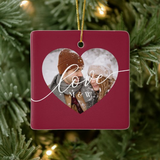 Love Script Heart Photo Red Keramisch Ornament (Boom)