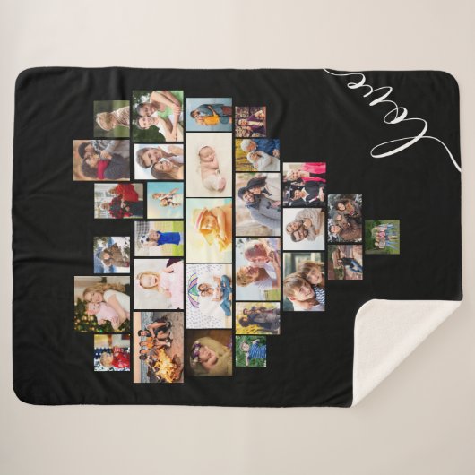 Love Script Heart Shaped Photo Collage Black Sherpa Deken (Voorkant (horizontaal))