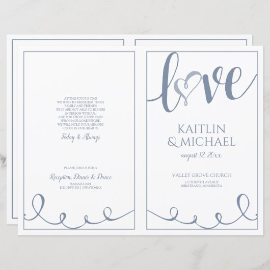 Love Script Heart Wedding Programs Dusty Blue (Voorkant / Achterkant)