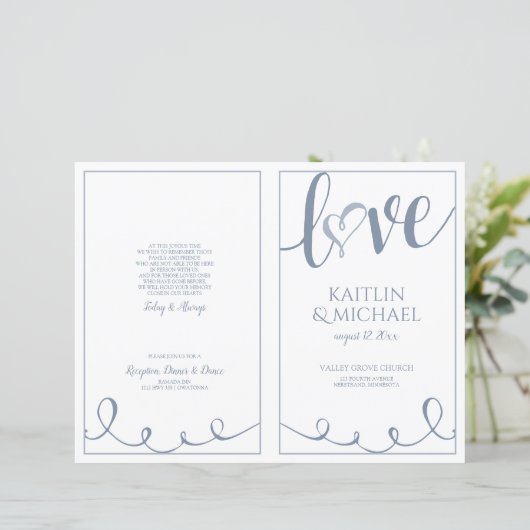 Love Script Heart Wedding Programs Dusty Blue (Staand voorkant)