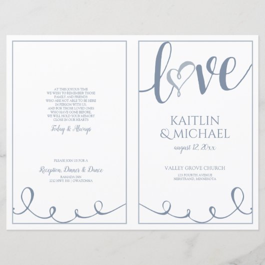 Love Script Heart Wedding Programs Dusty Blue (Voorkant)