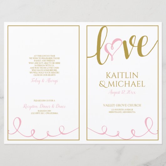 Love Script Heart Wedding Programs Pink & Gold (Voorkant)