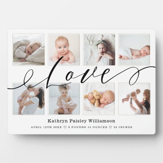 Love Script Photo Collage Keepakes & Birth Stats Fotoplaat (voorkant)