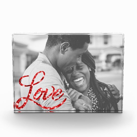 Love Script | Rode Glitter Moderne Kalligrafie Har Fotoblokken (Voorkant)