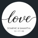 Love Script Siimple chic Wedding Ronde Sticker<br><div class="desc">Love Script Siimple chic Wedding sticker. Elegant en stijlvol 'liefdesscript' in zwart-wit met lang gekleurde versiering. Stickers voor je bruiloft,  gebruiken ze op cadeautassen,  kaarten,  gunstboxen en andere speelpaden.</div>