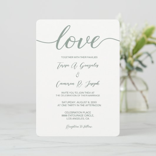 Love Script Weddenschap-typografie Sage Green Kaart (Staand voorkant)