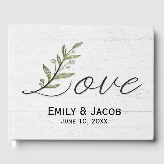 Love Script with Green Leaves on Whitewashed Wood Gastenboek (Voorkant)