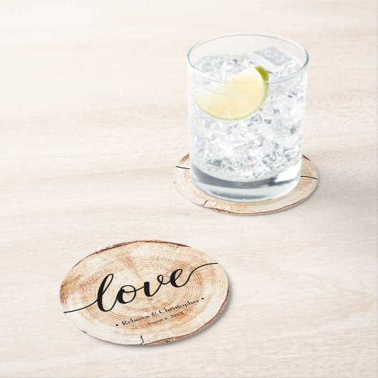 Love Script Wood Slice Rustic Wedding Ronde Kartonnen Onderzetter (Insitu)