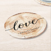 Love Script Wood Slice Rustic Wedding Ronde Kartonnen Onderzetter (Gebogen)