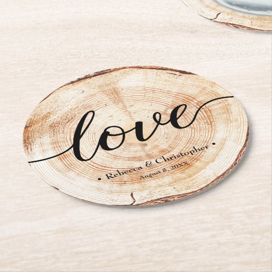 Love Script Wood Slice Rustic Wedding Ronde Kartonnen Onderzetter (Gebogen)