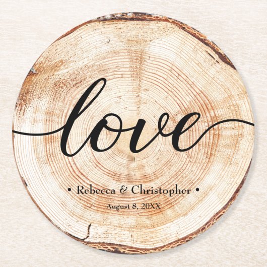 Love Script Wood Slice Rustic Wedding Ronde Kartonnen Onderzetter (Voorkant)
