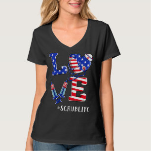 Love Scrub Life Nurse 4/e juli American Flag Pa T-shirt