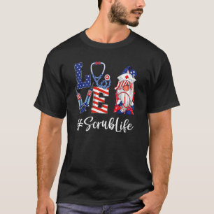 Love Scrub Life Nurse Gnome American Flag 4th of J T-shirt