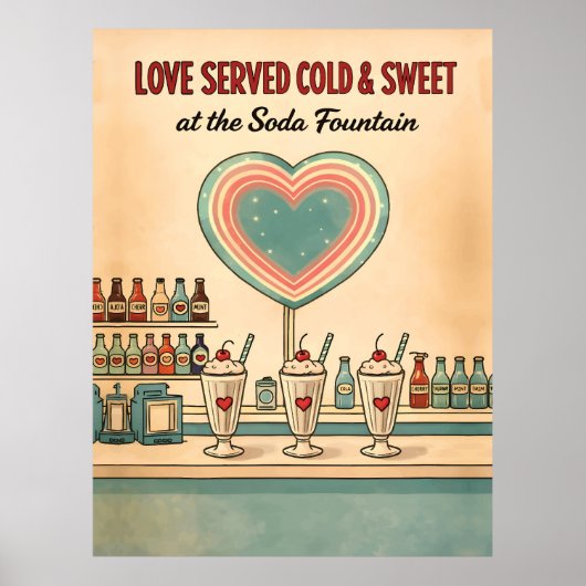 Love Served Cold & Sweet Retro Soda Fountain Poster (Voorkant)