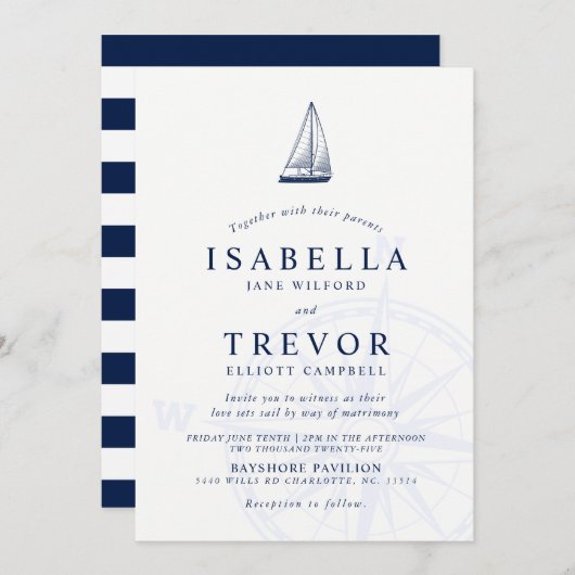 Love sets Sail Nautical Wedding Invitation Kaart (Voorkant / Achterkant)