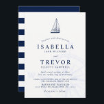 Love sets Sail Nautical Wedding Invitation Kaart<br><div class="desc">Aangepaste nautische stijl bruiloft uitnodigingen met een donkere marine en wit kleurenschema. De voorzijde van de uitnodiging is voorzien van een zeilbootillustratie gevolgd door uw trouwdag informatie. Vervaagd in de achtergrond is een Compass wind roos In een nautische stijl. Aan de achterkant van de uitnodiging is een donker marineblauw en...</div>