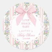 Love Shack Baby Pink Bow Roos Baby shower Ronde Sticker (Voorkant)