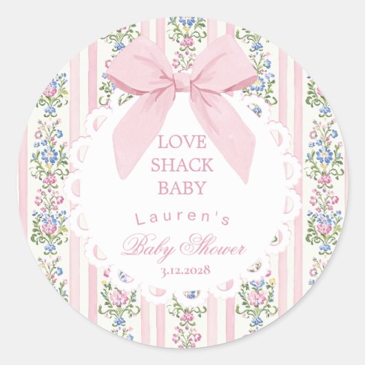 Love Shack Baby Pink Bow Roos Baby shower Ronde Sticker (Voorkant)