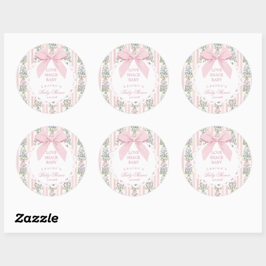 Love Shack Baby Pink Bow Roos Baby shower Ronde Sticker (Vel)