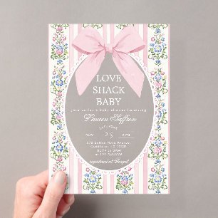 Love Shack Baby Roze Strik Bloemige Baby Shower Acryl Uitnodigingen