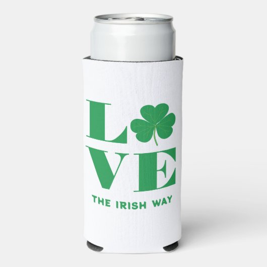 Love Shamrock Clover Irish Custom Text Groen Wit Seltzer Blikjeskoeler (Seltzer Achterkant)