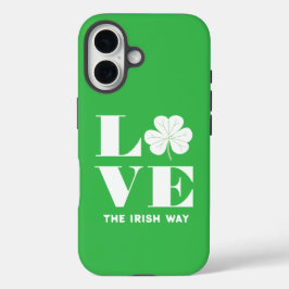 Love Shamrock Clover Irish Green White Custom Text iPhone 16 Hoesje