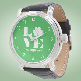 Love Shamrock Clover Irish Green White Custom Text Horloge