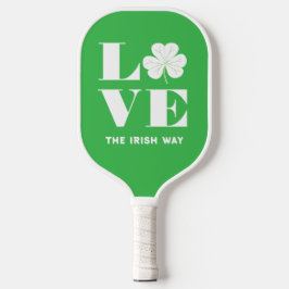 Love Shamrock Clover Irish Green White Custom Text Pickleball Paddle