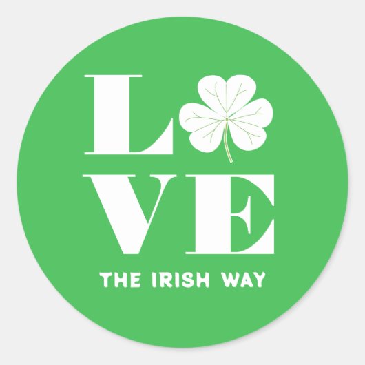 Love Shamrock Clover Irish Green White Custom Text Ronde Sticker (Voorkant)