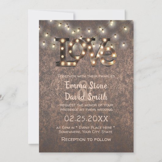 Love Sign String Lights Copper Industrial Weddensc Kaart (Voorkant)