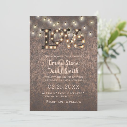 Love Sign String Lights Copper Industrial Weddensc Kaart (Staand voorkant)