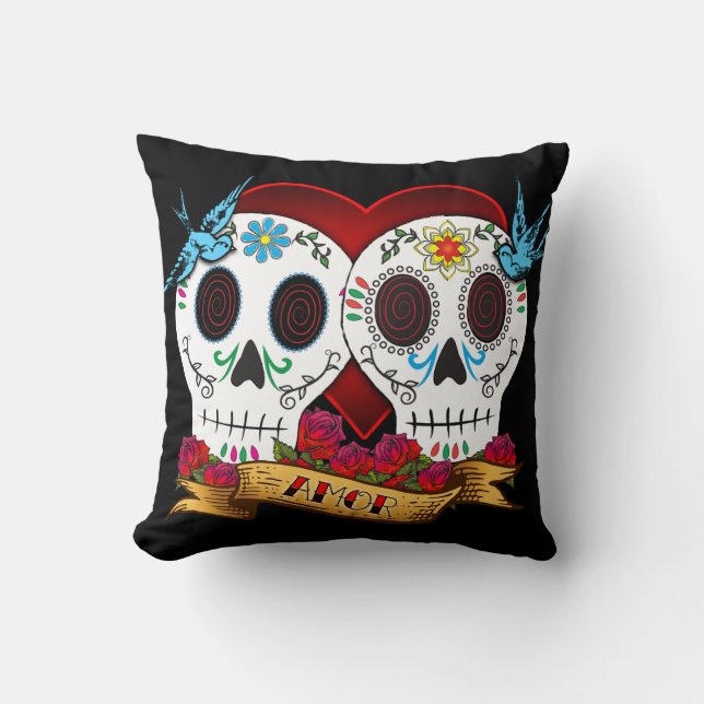 Love Skulls and Bluebird Pillow Kussen (Voorkant)