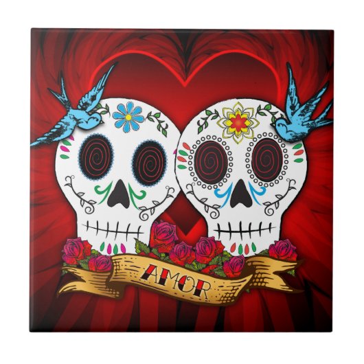 Love Skulls and Bluebird Tile Tegeltje (Voorkant)