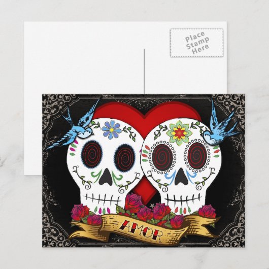 Love Skulls Day of the Dead Briefkaart (Voorkant / Achterkant)