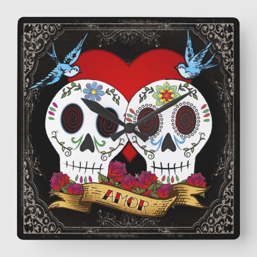 Love Skulls Square Wall Clock Vierkante Klok (Voorkant)