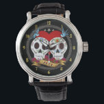 Love Skulls Watch Horloge<br><div class="desc">Twee blije kleine suikerschedels,  tattoo-achtige blauwvogels en rozen,  en een spandoek met de tekst "Amor". Het wordt niet romantischer dan dit! Grote Dag van de Doden thema cadeau!</div>