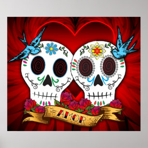 Love Skulls with Bluebirds Poster/Print Poster