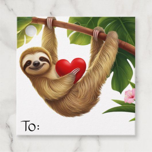 Love Sloth Holding Heart Hanging in Tree Valentijn Bedankjes Labels (Voorkant)