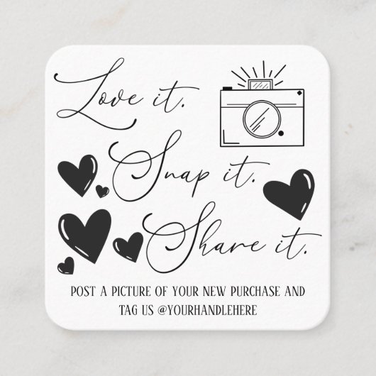 Love Snap Share Camera Heart Script Etsy Business Vierkante Visitekaartje (Voorkant)