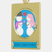 Love & Snowpeople - Blauwgroen: Verguld Banner Ornament (Links)