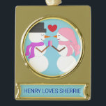 Love & Snowpeople - Lichtblauw: Verguld Banner Ornament<br><div class="desc">Wil je wintermagie? Hier zijn twee sneeuwpoppen verliefd. Liefde is zo belangrijk, en deze sneeuwmensen weten dat. Liefde, sneeuw en wintermagie… wat een geweldige combinatie! Bewaar de tekst of wijzig deze. U kunt ook andere wijzigingen aanbrengen, waaronder het kiezen uit vele achtergronden en het wijzigen van de stijl van letters....</div>