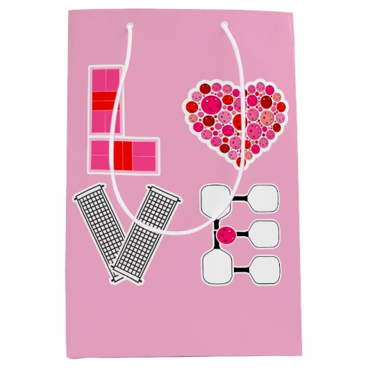 Love Spelled with Pickleballs Courts Net Paddles Medium Cadeauzakje (Voorkant)
